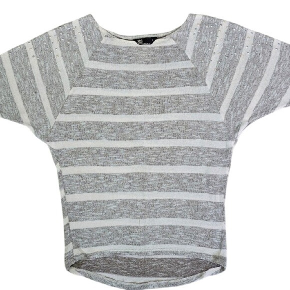 Womens Size Large Striped Pearl Rhinestone Batwing Sleeve Sweater Knit Top Gray